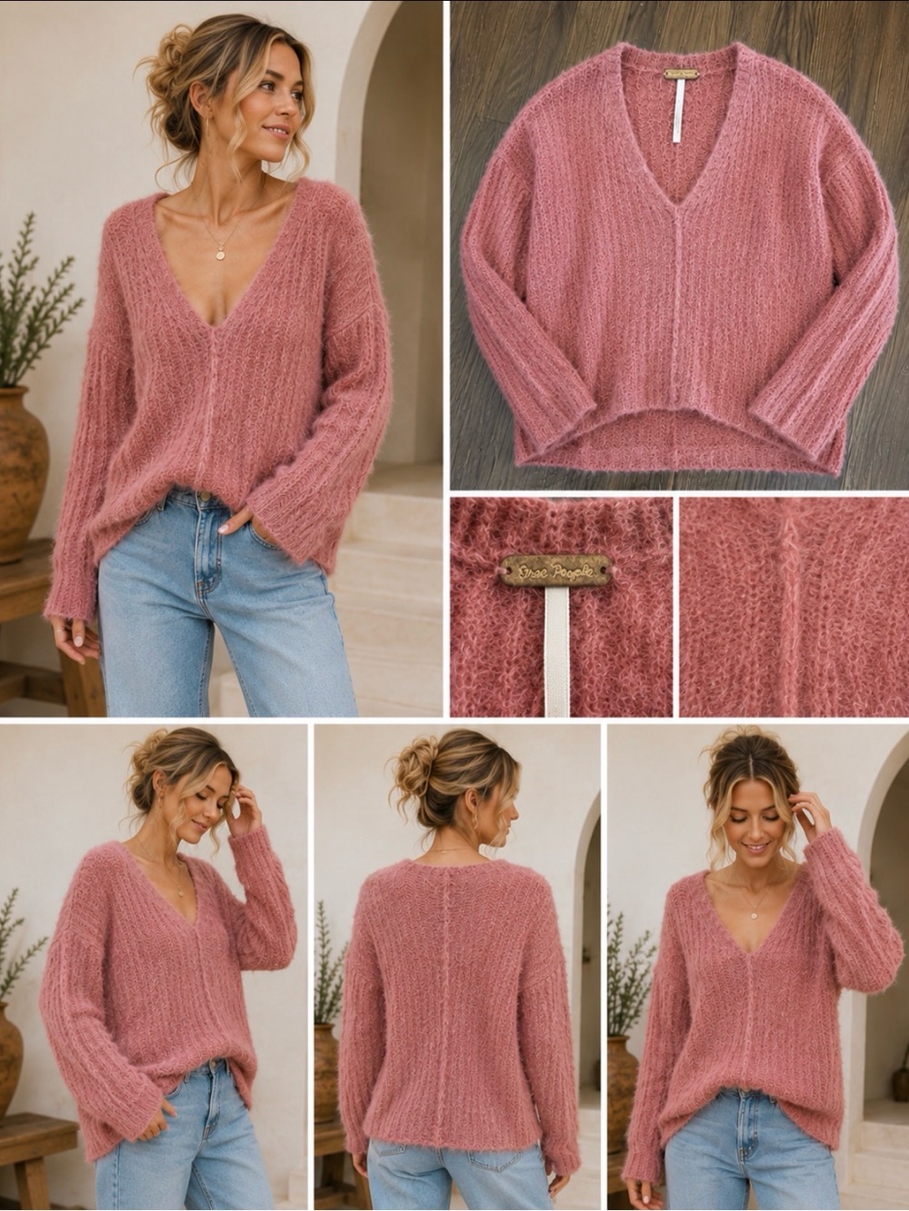 Free People Alpaca Blend V-Neck Sweater Dusty Rose Pink XS